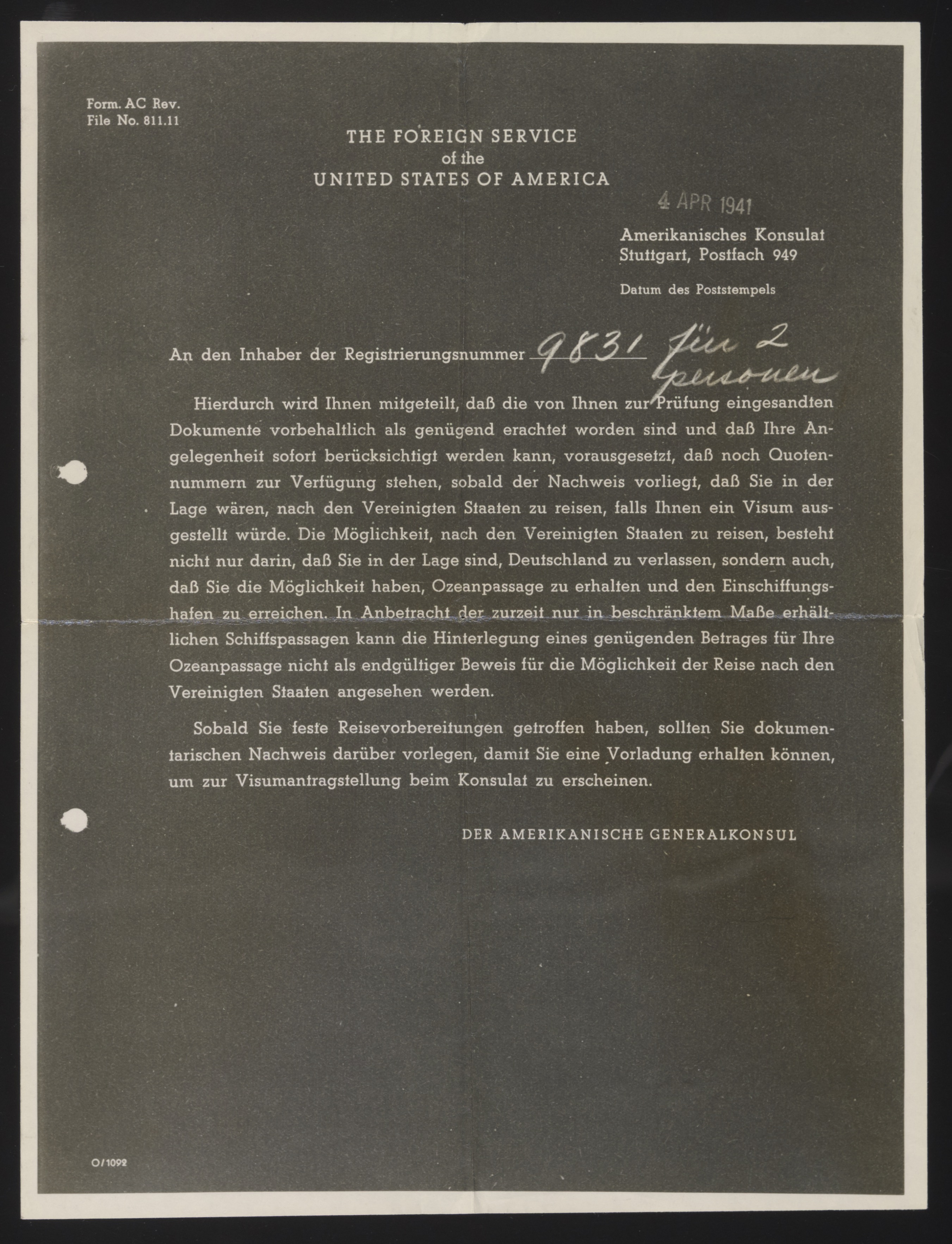 Official letter from the American Consulate General in Stuttgart to the Oppen... — Front