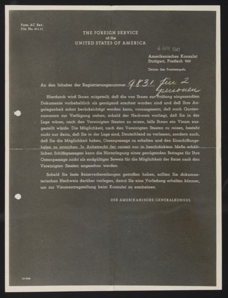 Official letter from the American Consulate General in Stuttgart to the Oppen...