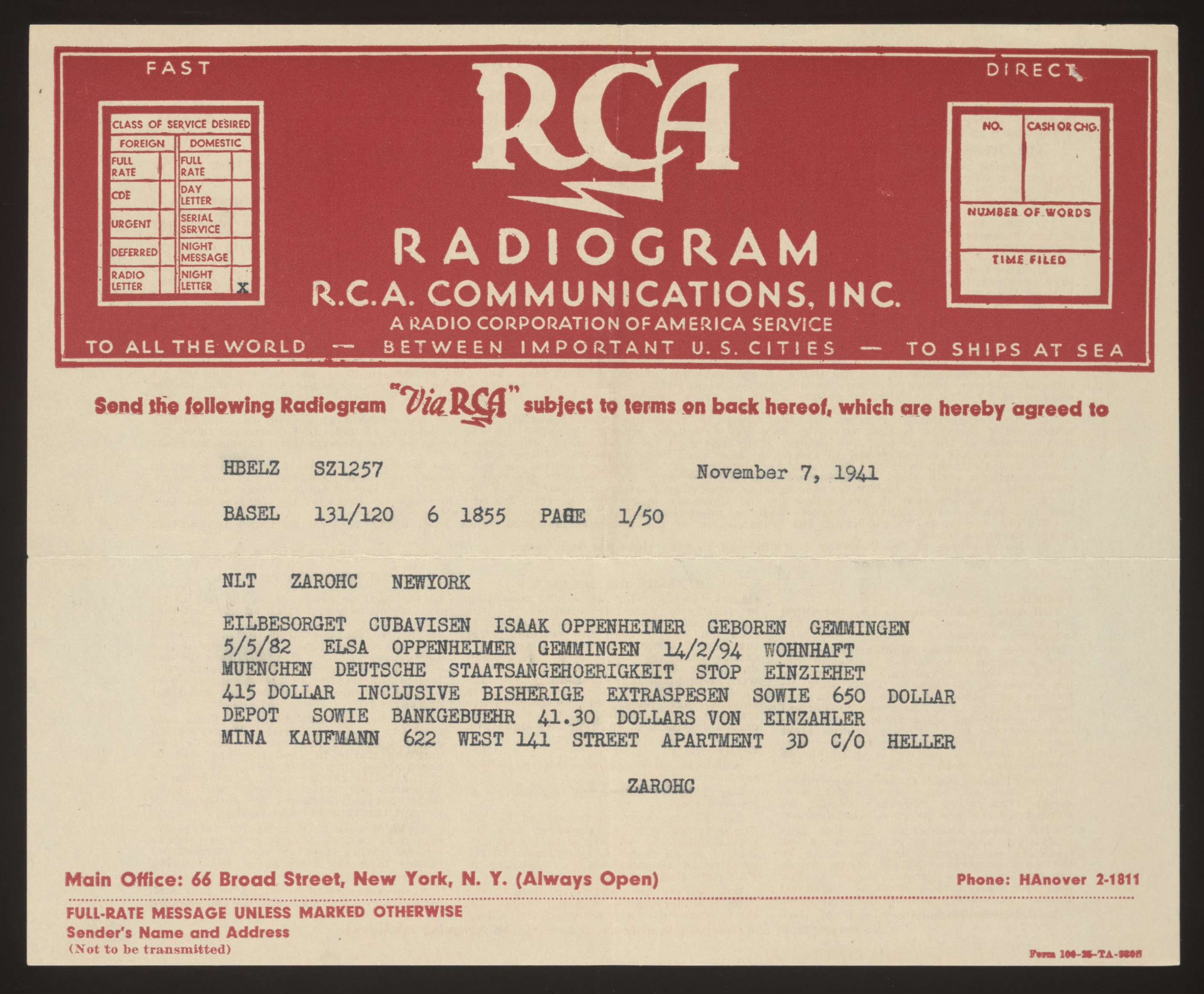 RCA Radiogram (telegram) from Zaro Tours Basel branch to Zaro Tours New York,... — Front