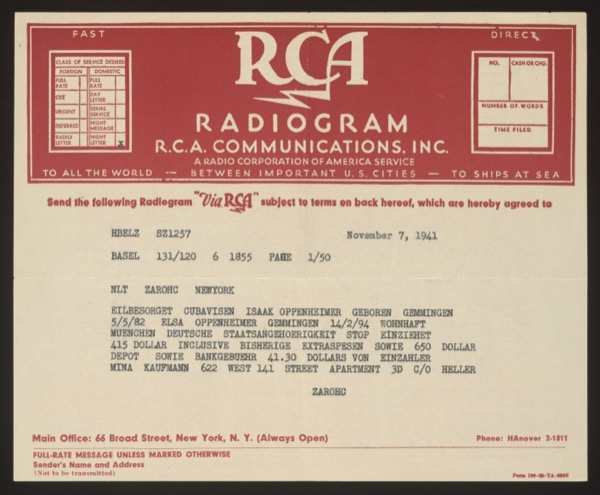 RCA Radiogram (telegram) from Zaro Tours Basel branch to Zaro Tours New York,...