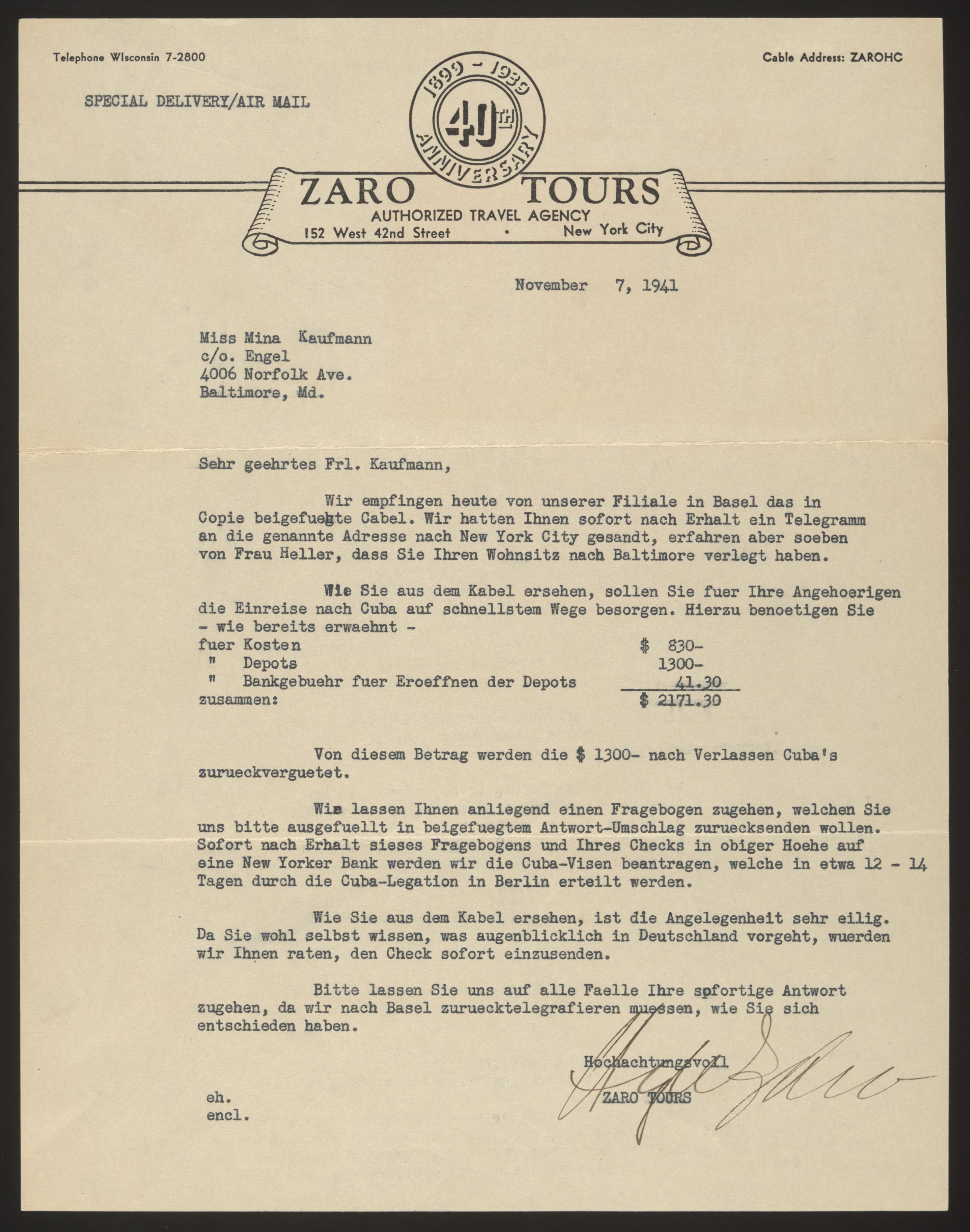 Typed letter from Zaro Tours to Mina Kaufmann, in German, regarding Cuba visa... — Document