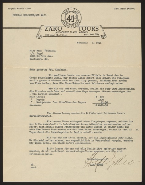 Typed letter from Zaro Tours to Mina Kaufmann, in German, regarding Cuba visa...