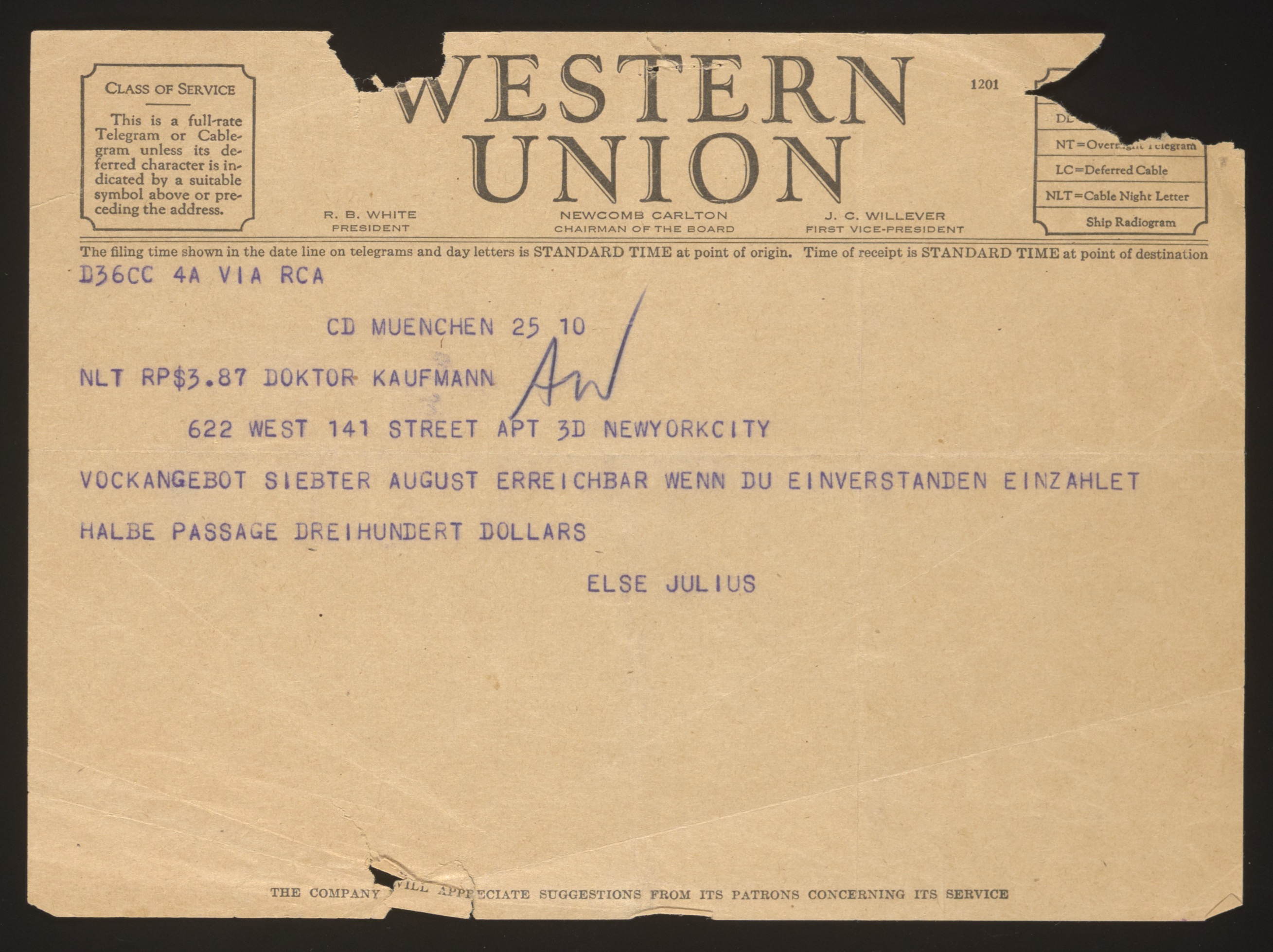 Western Union telegram from Julius and Elsa Oppenheimer in Munich to Mina Kau... — Document