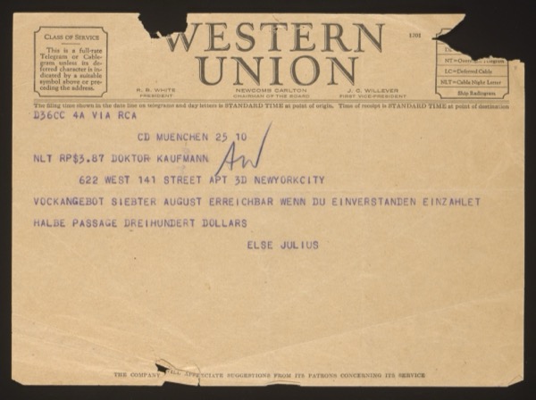 Western Union telegram from Julius and Elsa Oppenheimer in Munich to Mina Kau...