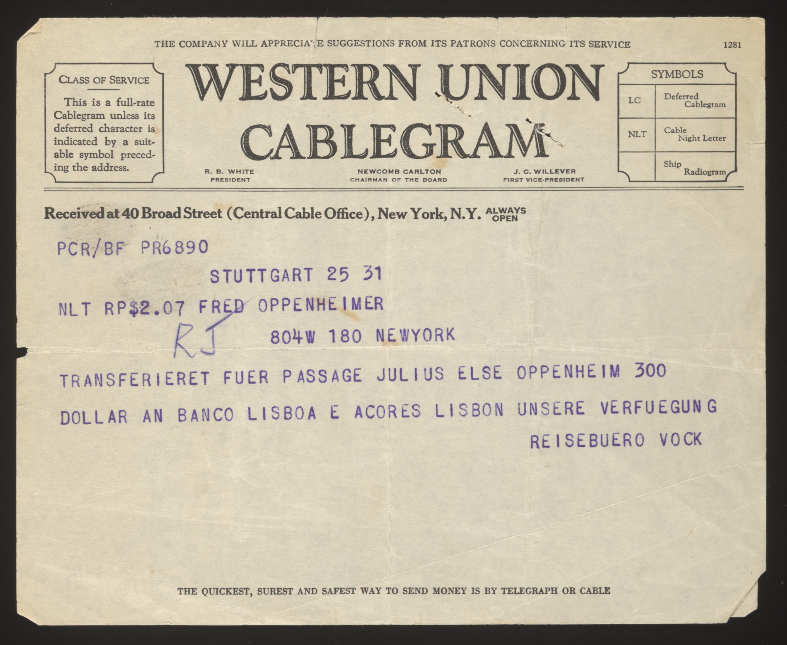 Western Union Cablegram from Reisebüro Vock (Stuttgart) to Fred Oppenheimer i... — Document