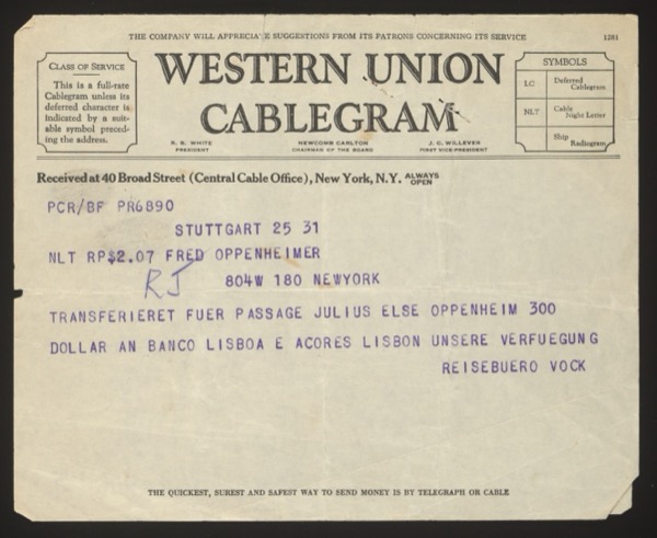 Western Union Cablegram from Reisebüro Vock (Stuttgart) to Fred Oppenheimer i...