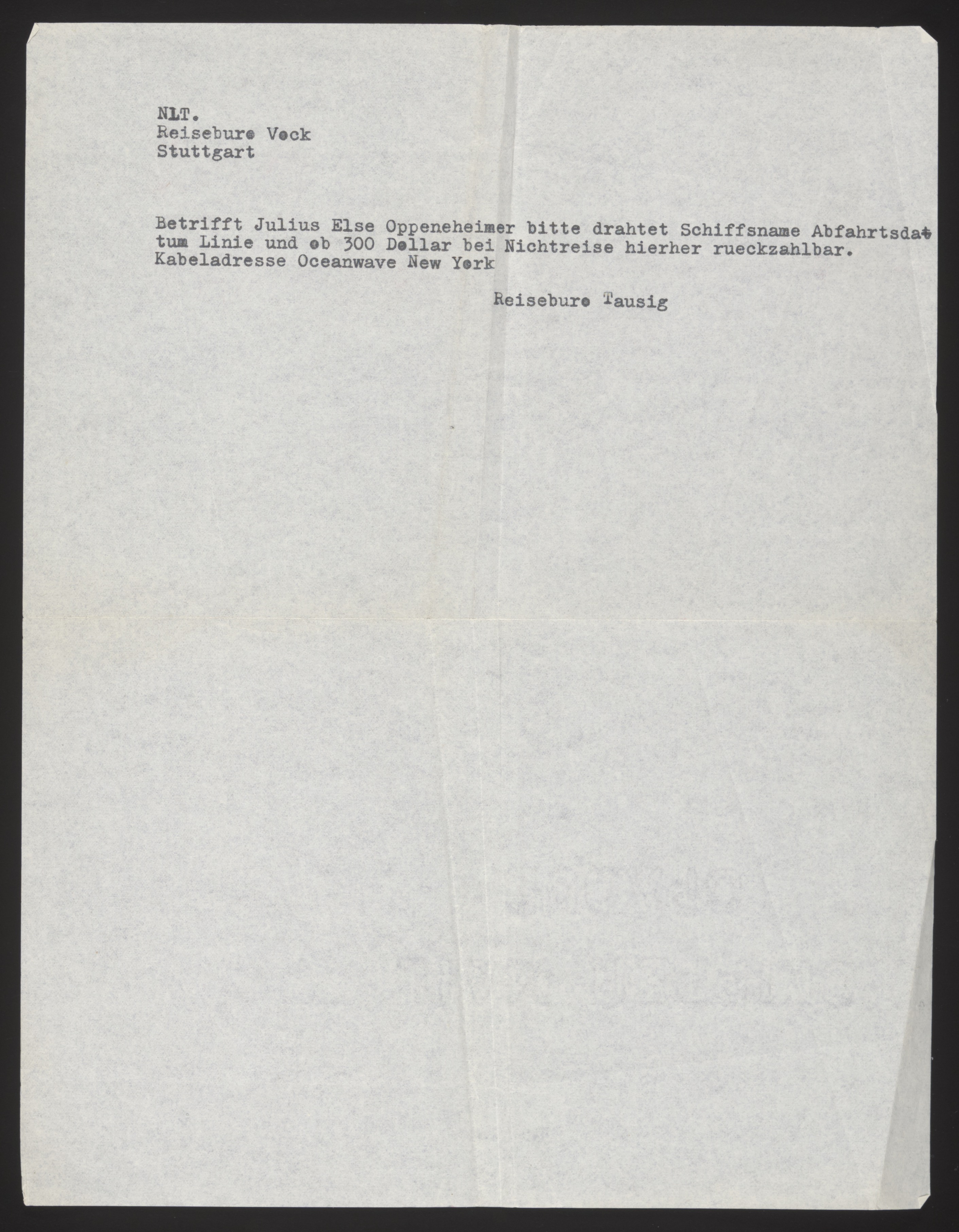 Typed cable draft/copy from Reisebüro Tausig (New York) to Reisebüro Vock (St... — Document