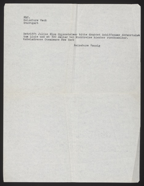 Typed cable draft/copy from Reisebüro Tausig (New York) to Reisebüro Vock (St...