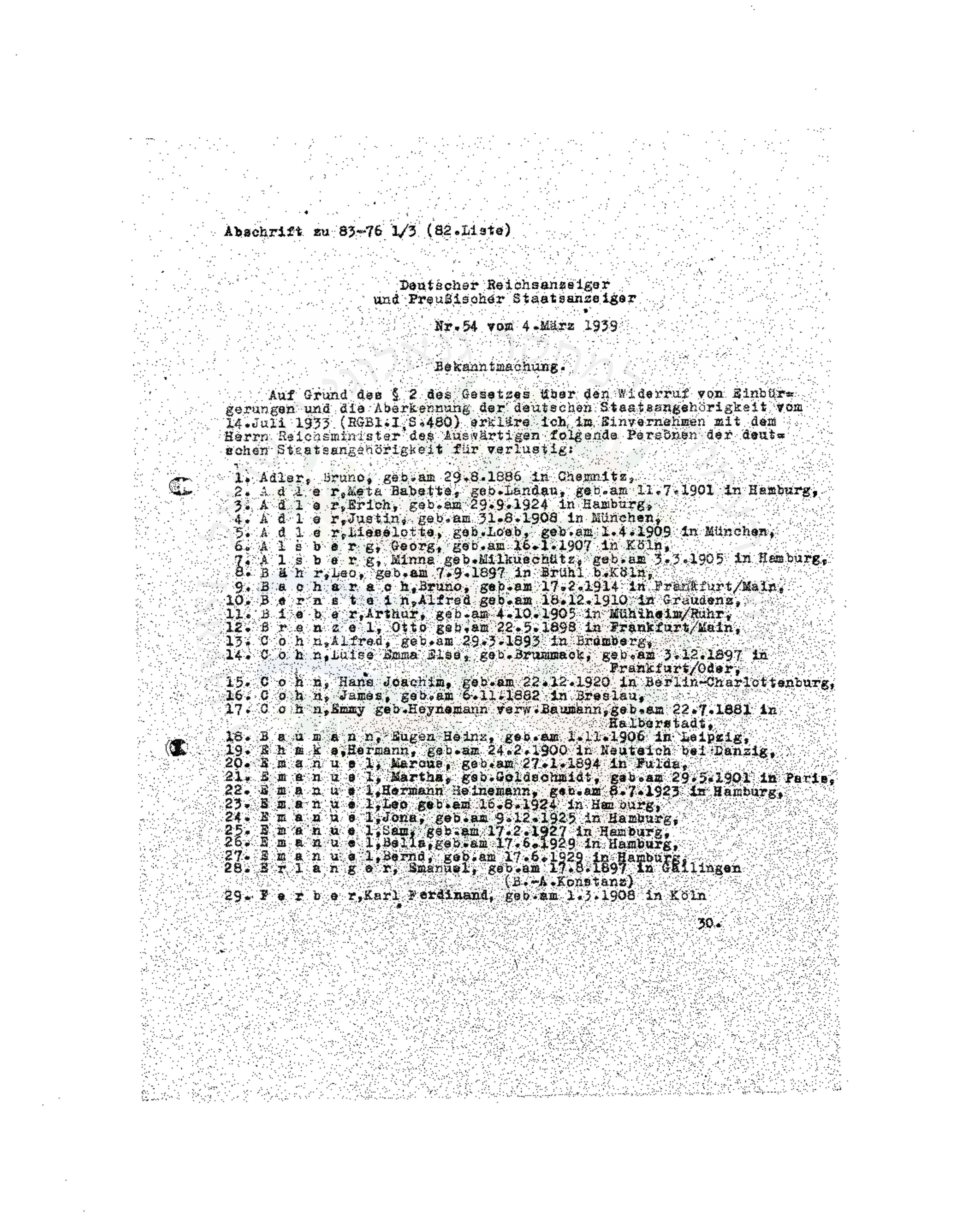Deutscher Reichsanzeiger und Preußischer Staatsanzeiger Nr. 54, 4. März 1939 — Ausbürgerungsliste Nr. 82 (page excerpt, 29 names). Probable match for Alfred Bernstein (entry #10: 'Bernstein, Alfred — 18.12.1910 Gr[audenz]'), Philip's older brother. Match is likely but not certain: name + DOB + birthplace align, but the list gives no middle initial or address, so a same-named/same-DOB person cannot be strictly ruled out. — Nazi Denaturalization