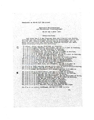 Deutscher Reichsanzeiger und Preußischer Staatsanzeiger Nr. 54, 4. März 1939 — Ausbürgerungsliste Nr. 82 (page excerpt, 29 names). Probable match for Alfred Bernstein (entry #10: 'Bernstein, Alfred — 18.12.1910 Gr[audenz]'), Philip's older brother. Match is likely but not certain: name + DOB + birthplace align, but the list gives no middle initial or address, so a same-named/same-DOB person cannot be strictly ruled out.
