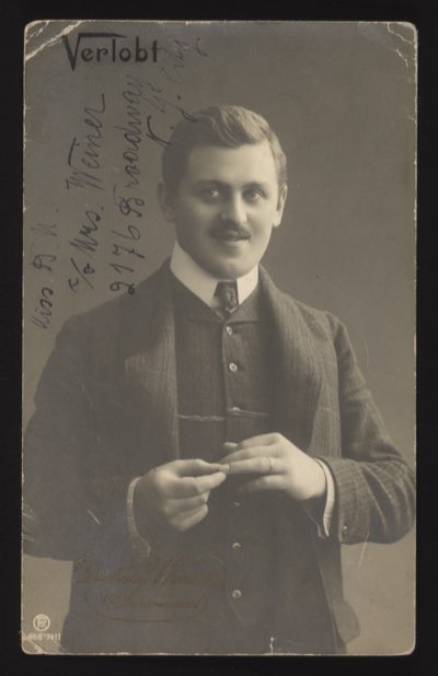 Engagement portrait with 'Oppenheimer (Kaufmann?)' annotation, US address on left