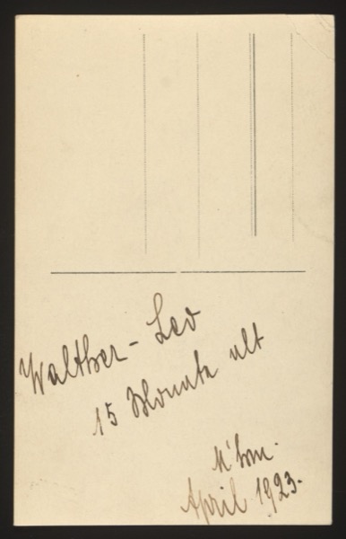 ANNOTATION ON PHOTO (back, handwritten): German: "Walther - Leo 15 Monate alt M'heim April 1923." English: "Walther-Leo 15 months old Mannheim April 1923." Description: Front shows a baby portrait (approximately 15 months old), sitting on a fur rug wearing a white outfit. The child is identified as Walther-Leo, photographed in Mannheim in April 1923.