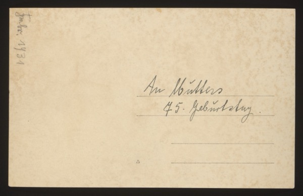 ANNOTATION ON PHOTO (back, handwritten): German: "An Mutters 45. Geburtstag." Date: "Febr. 1931" (written in top left corner) English: "On Mother's 45th birthday." Date: February 1931 Description: Front shows a group of five people (four women and one man in center) at the same park location as photo 0022/0023. This appears to be from the same birthday celebration, possibly taken the following month.