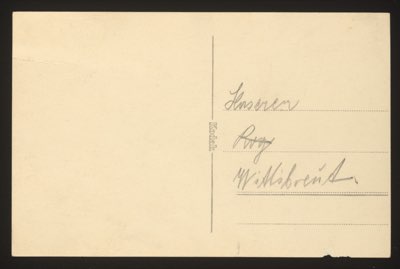 ANNOTATION ON PHOTO (back, handwritten): Names (partially legible, written in pencil): Line 1: "Haseneu[?]" Line 2: "Rog[?]" Line 3: "Willibrand[?]" Note: Three names written on the back, possibly identifying people in the photograph. The handwriting is faint and partially illegible.