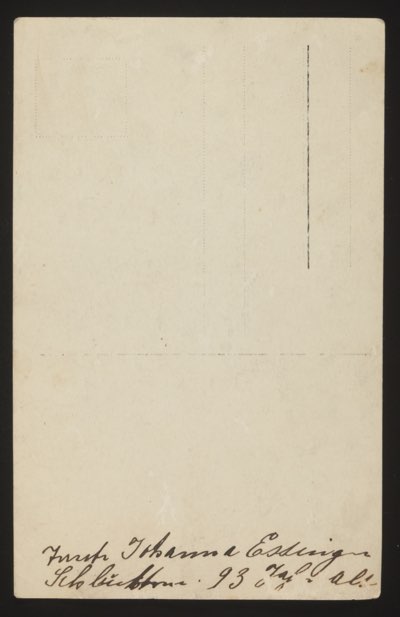 ANNOTATION ON PHOTO (back, handwritten): German: "Freifrau Johanna Esslingen, Schlüchtern. 93 Jahre alt." English: "Baroness Johanna Esslingen, Schlüchtern. 93 years old." Description: Front shows an elderly woman standing against a vine-covered wall. She is identified as Baroness (Freifrau) Johanna Esslingen from Schlüchtern (a town in Hesse, Germany), photographed at 93 years of age.