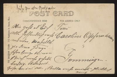 Postcard from Boston (The Bachelor Studio) to Caroline Oppenheimer, Gemmingen, Baden