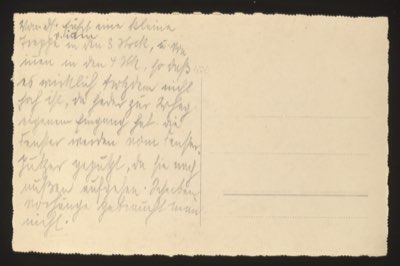 POSTCARD - APARTMENT BUILDING (back, continuation of message) German (handwritten, partially legible): "Vorn: liegt eine kleine v. [von] [?] Treppe in den 3 Stock, u. [und] wenn man in den 4 Stk. [Stock], so dass [es] es wirklich trotzdem nicht groß ist, da jeder zur Wohg. [Wohnung] eigenen Eingang hat. Die Häuser werden vom Tauspr. [?] Güter geschützt, da sie nur müssen aufgeben. Treiben Vorhänge gebraucht man nicht." Translation (approximate): "In front: there is a small [stairway?] stairs to the 3rd floor, and when one [goes] to the 4th floor, so that it is really despite [that] not large, since each apartment has its own entrance. The houses are protected from [noise?] [...], since they only have to give up. Curtains are not needed." Note: This is the continuation of the message from 0034, describing the apartment building shown in the photo. The writer is describing the layout — small staircase, 3rd and 4th floors, each apartment with its own entrance, and noting that curtains are not needed (possibly due to the building design/orientation).