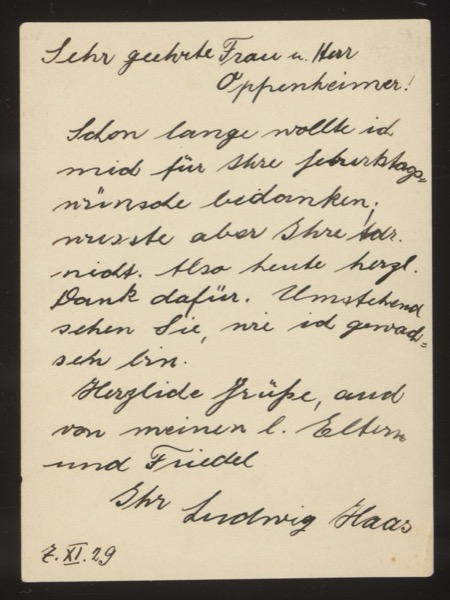 Letter from Ludwig Haas to 'Frau und Herr Oppenheimer', 2 November 1929