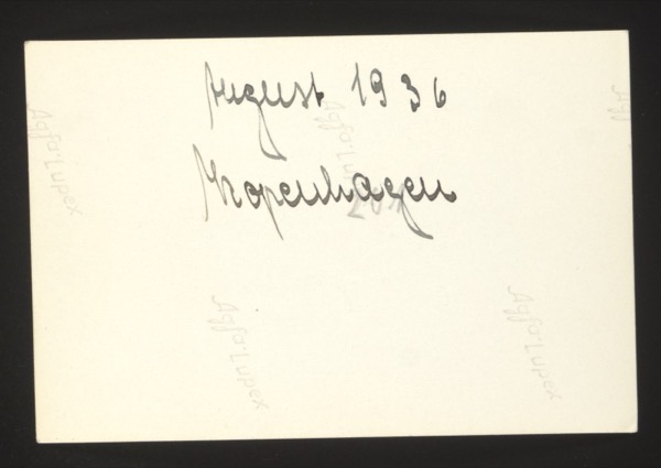 ANNOTATION ON PHOTO (back, handwritten): "August 1936 Kopenhagen" English: "August 1936 Copenhagen" Description: Photograph taken in Copenhagen, Denmark, August 1936.