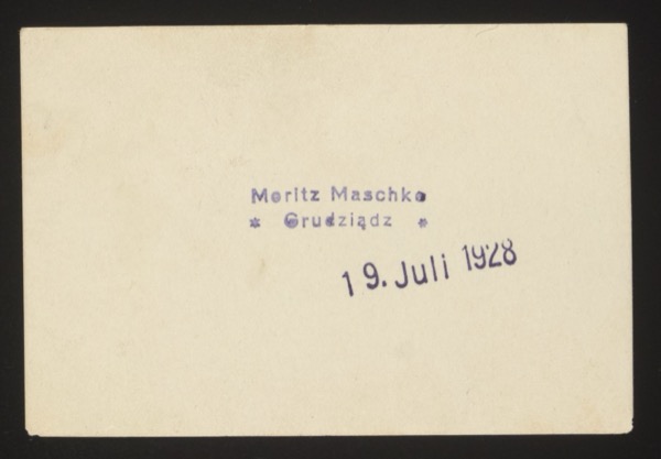 ANNOTATION ON PHOTO (back, stamped): Printed stamp: "Moritz Maschke * Grudziądz *" Date stamp: "19. Juli 1928" Note: Moritz Maschke was a photography studio/developer in Grudziądz (formerly Graudenz), Poland. This stamp appears on many photos in this collection, indicating the family had connections to Grudziądz. The date indicates when the photo was developed or printed.