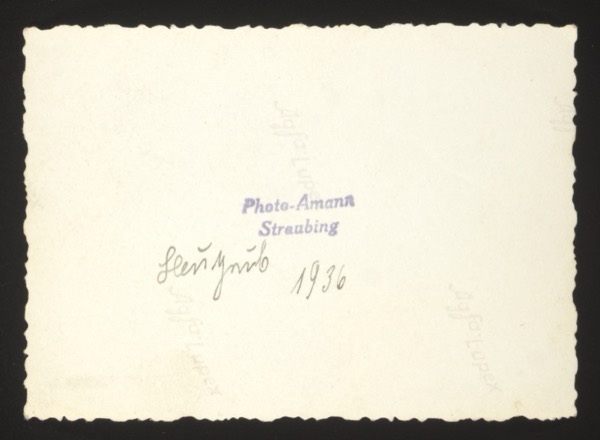 ANNOTATION ON PHOTO (back, handwritten and printed): Printed: "Photo-Amann Straubing" Handwritten: "Semmroth 1936" Note: Studio "Photo-Amann" in Straubing, Bavaria. Location "Semmroth" and date 1936.