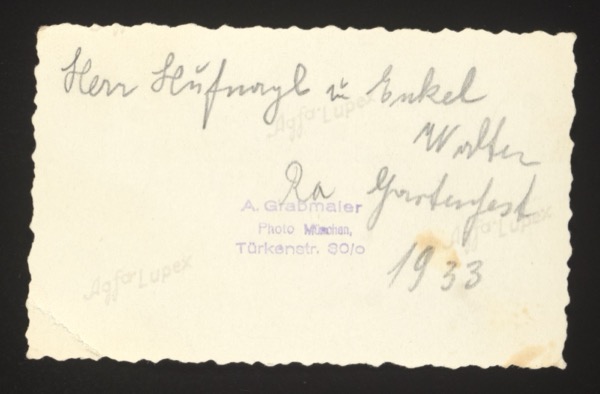 ANNOTATION ON PHOTO (back, handwritten and printed): Handwritten: "Herr Linfreugl u. Braked [?]" Studio stamp: "A. Grabmaler Photo Mission, Türkenstr. 80/6" Date: "1933" Note: Photo studio A. Grabmaler on Türkenstraße (Munich address), 1933.