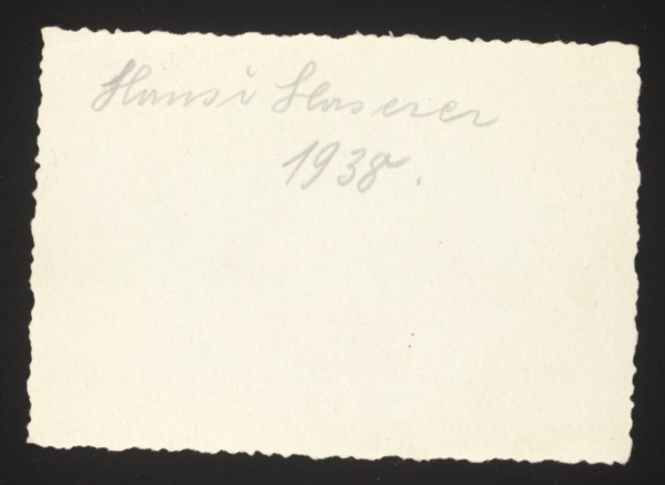 ANNOTATION ON PHOTO (back, handwritten): "Hansi Glaserer 1938." Description: Identifies a person named Hansi Glaserer, dated 1938. Same person as in photo 0004 (4 years later).
