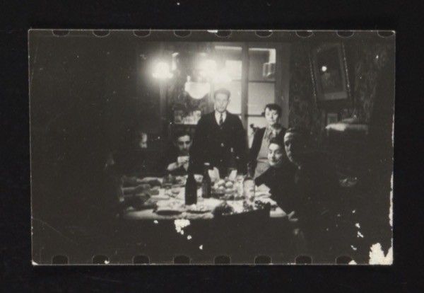 A humorous caption describing someone peering through a thread counter (a small magnifying device used in textile work). The front likely shows someone looking through the device.